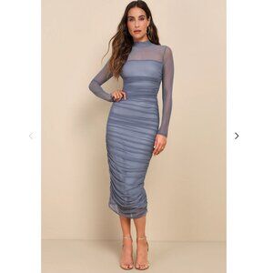 Lulus Slate Blue Dress- Mesh Ruched Mock Neck Midi Dress